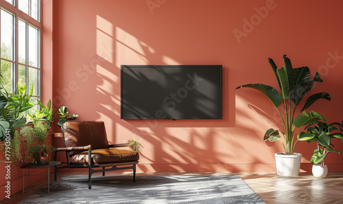 Cabinet for TV and accessories decor in living room interior on empty pink wall background