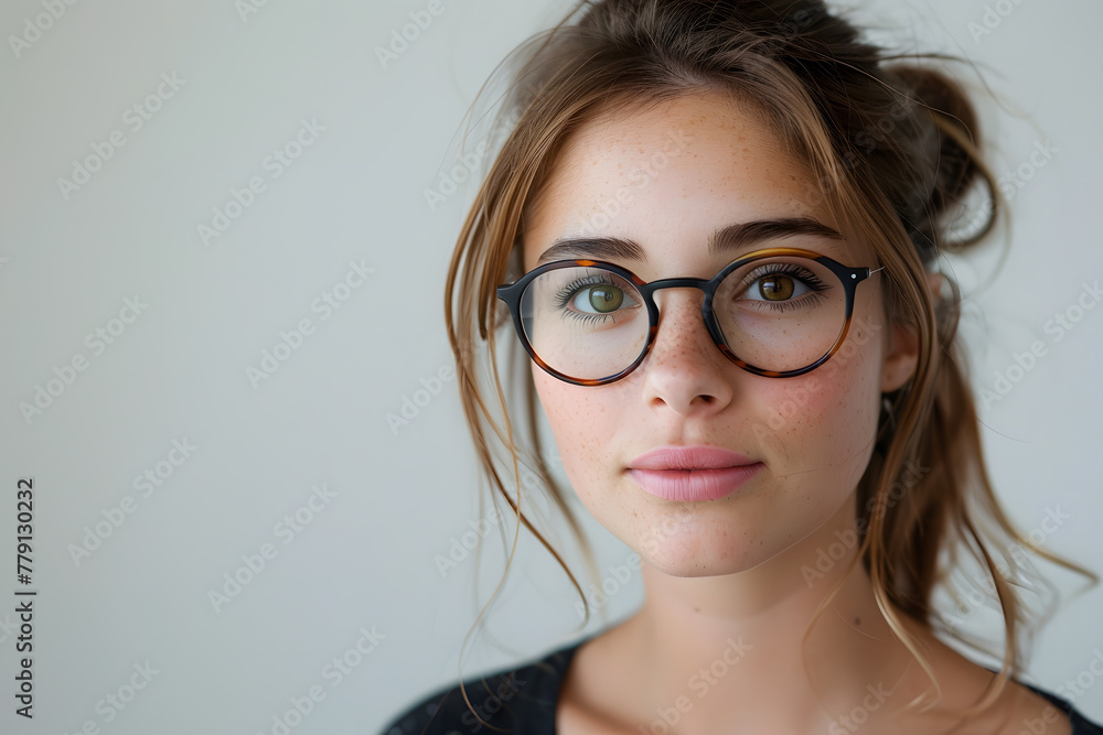 Closeup portrait of young beautiful woman in glasses, isolated on light grey background Closeup portrait of young beautiful woman in glasses, isolated on light grey background