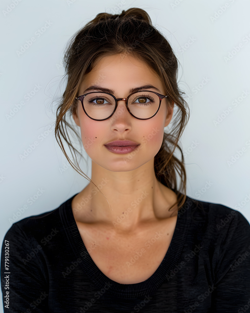 Closeup portrait of young beautiful woman in glasses, isolated on light grey background Closeup portrait of young beautiful woman in glasses, isolated on light grey background