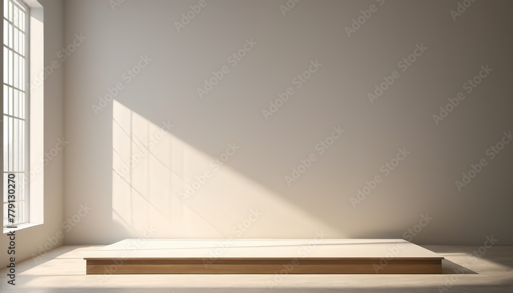 Empty simple background for presentation with wall and podium. Sunlight from the window casts a shadow on light wall. Blank stage with soft shadows and light mockup copy space. Empty simple background for presentation with wall and podium. Sunlight from the window casts a shadow on light wall. Blank stage with soft shadows and light mockup copy space.