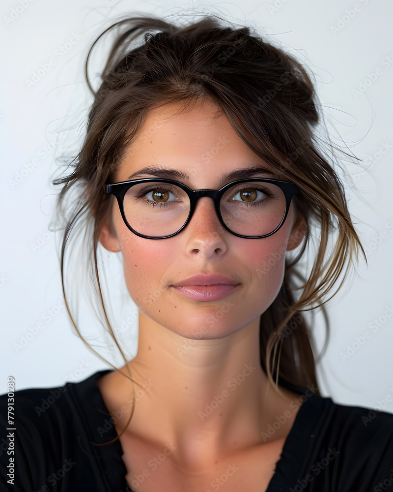 Closeup portrait of young beautiful woman in glasses, isolated on light grey background Closeup portrait of young beautiful woman in glasses, isolated on light grey background