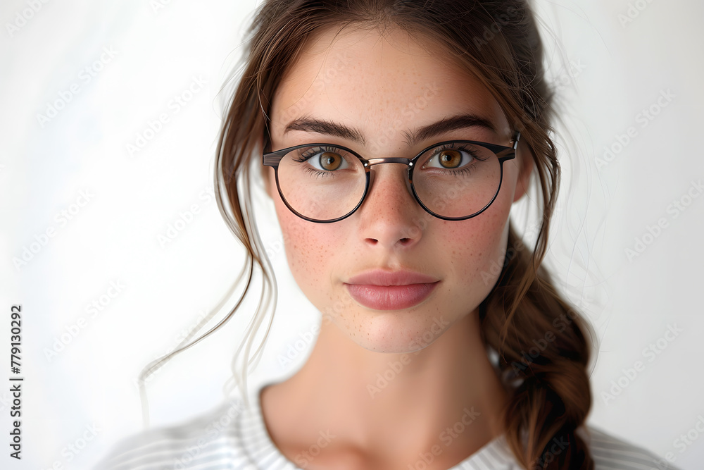 Closeup portrait of young beautiful woman in glasses, isolated on light grey background