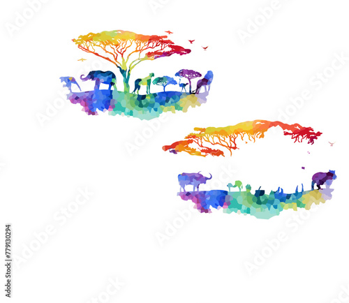 Welcome to Africa poster. Africa abstract animals colored silhouette. hand drawing. Not AI, Vector illustration