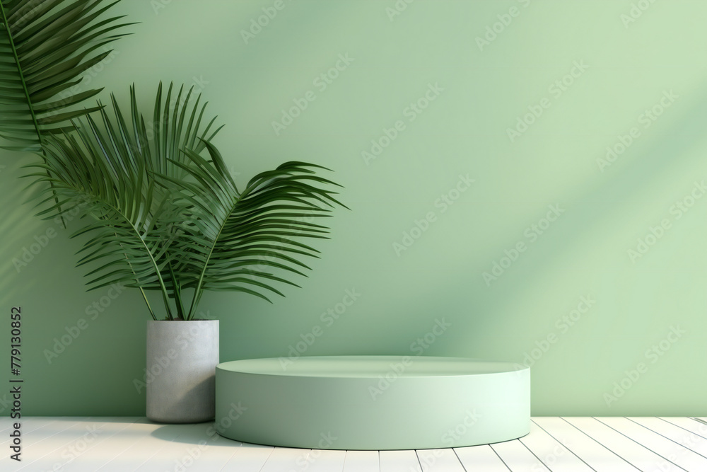 Tropical Green Podium with Palm Leaves for Product Display Tropical Green Podium with Palm Leaves for Product Display