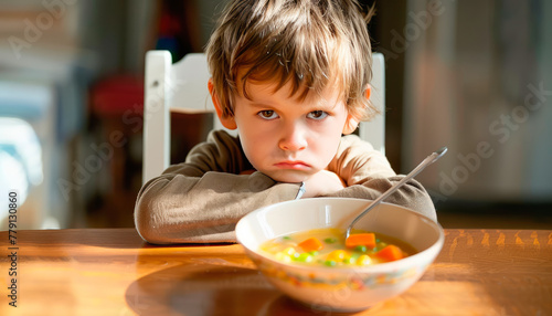 a child with his arms crossed in a bad mood who refuses to eat a vegetable soup at the table

