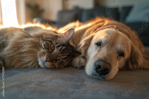 Wallpaper Mural A cozy scene of a dog and a cat lounging on a bed. Perfect for pet lovers or home decor themes Torontodigital.ca