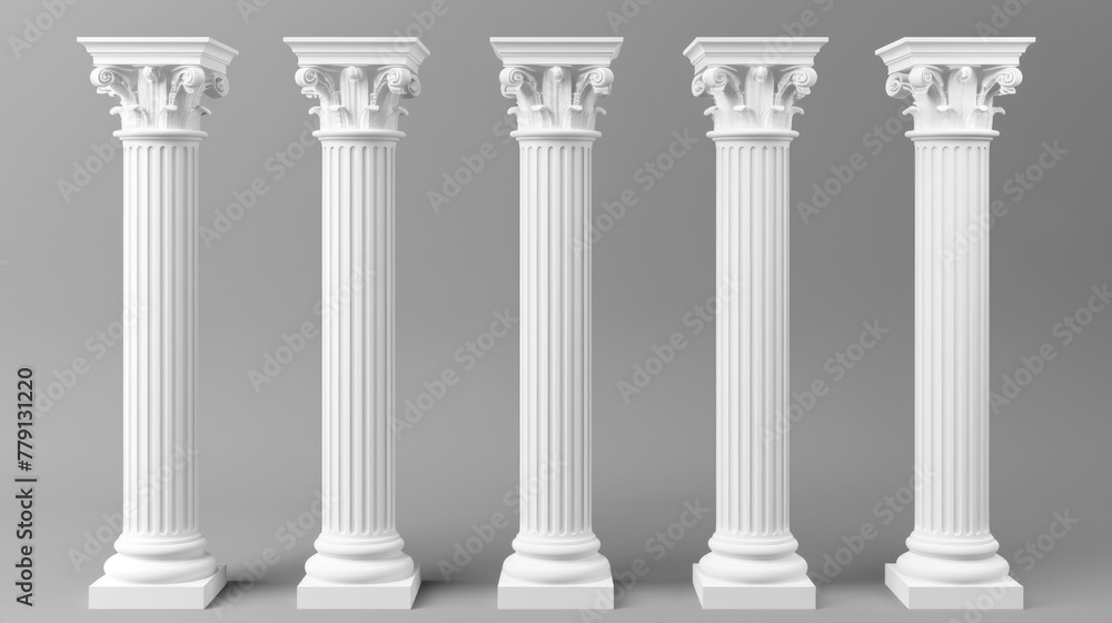 A row of four white columns against a gray backdrop. Ideal for architectural or interior design projects A row of four white columns against a gray backdrop. Ideal for architectural or interior design projects