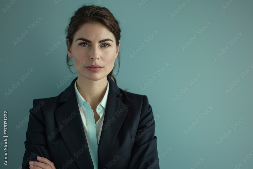 A woman in a suit stands with her arms crossed A woman in a suit stands with her arms crossed