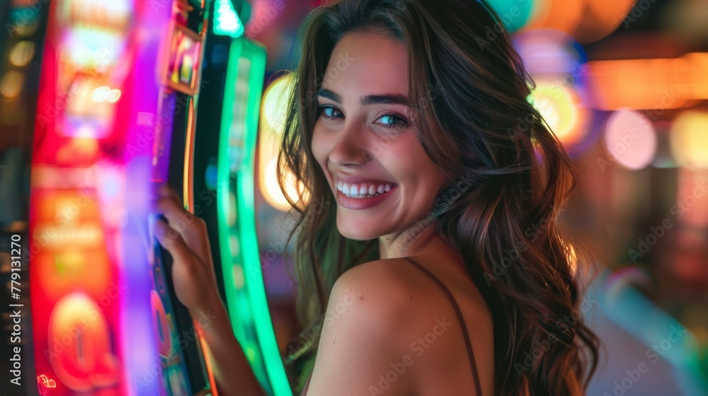 Woman Smiling by Neon Lights