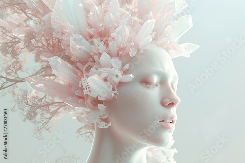 Fashion art portrait of beautiful woman with hair made of transparent pink crystals, dressed in a futuristic style clothes of glass and plastic