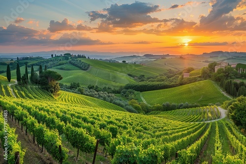 The sun casts a warm glow as it dips below the horizon  illuminating a vineyard nestled in the rolling hills