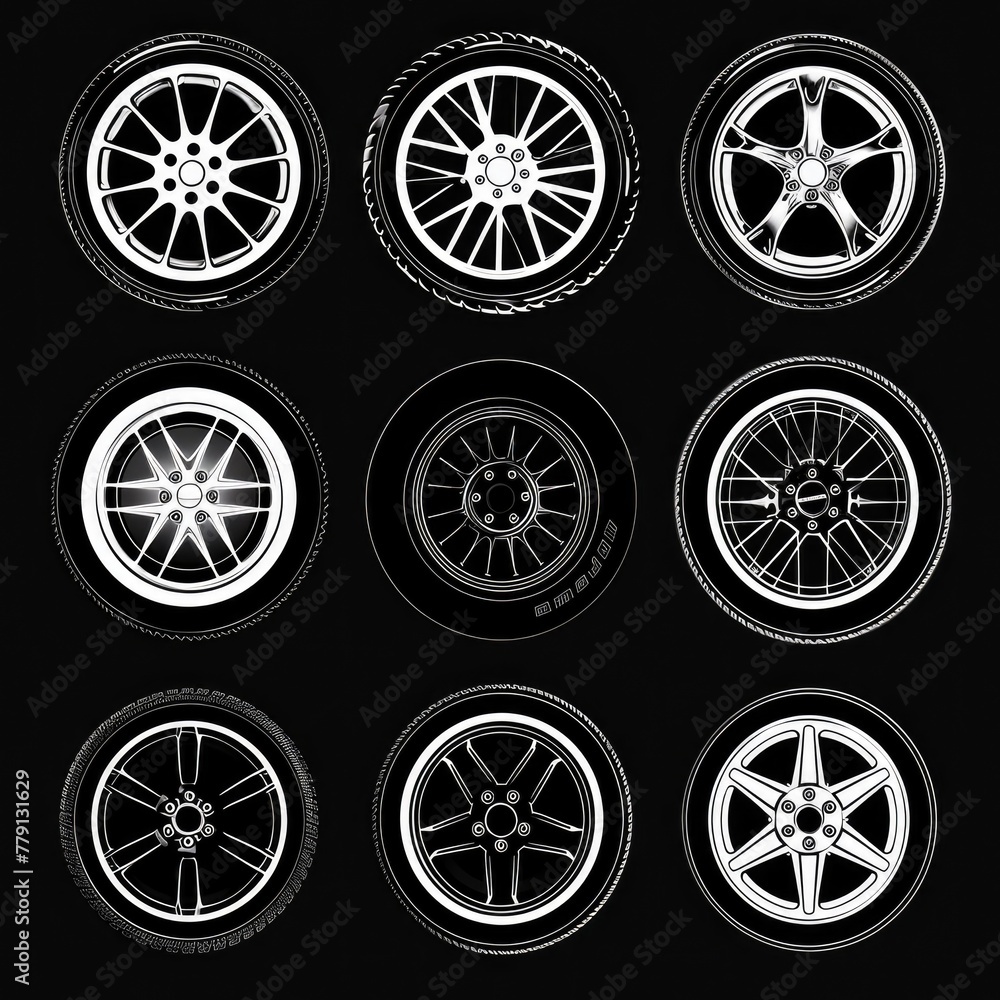 A collection of various wheel types. Ideal for automotive, construction, and industrial concepts
