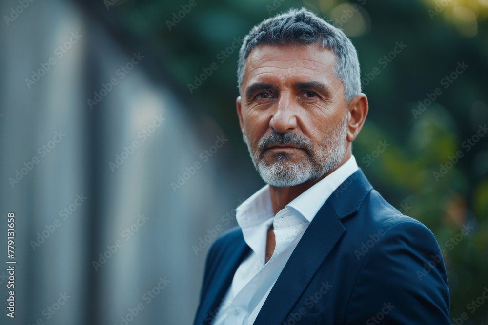 Fototapeta premium A man in a suit and white shirt looks at the camera