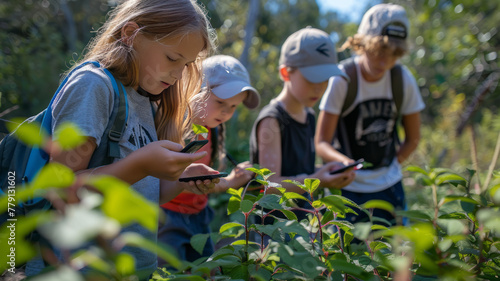 kids engaging in citizen science projects outdoors, using technology to contribute to scientific observations and data collection.generative ai
