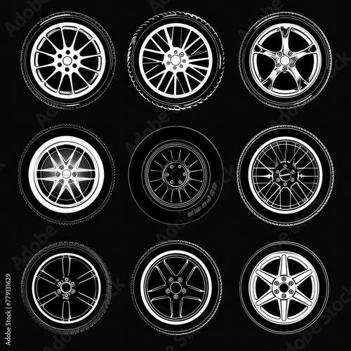 A collection of various wheel types. Ideal for automotive, construction, and industrial concepts