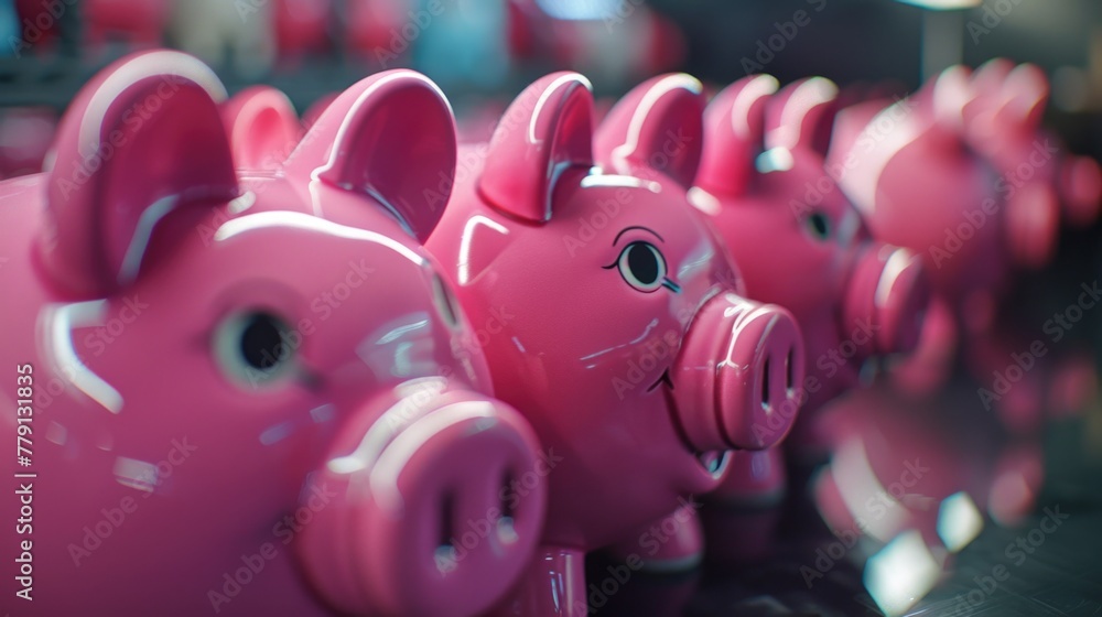 Obraz premium A row of pink piggy banks sitting on top of a table. Great for financial concepts
