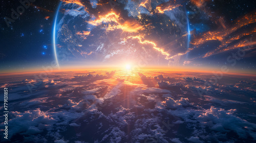 Vista mozzafiato di un'alba blu sopra l'orizzonte terrestre dallo spazio, con nuvole e stelle scintillanti photo