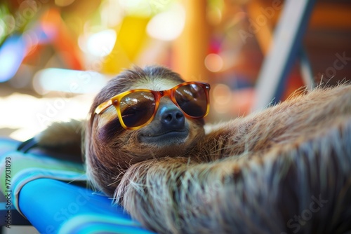 Sloth with sunglasses lying on the lounger enjoying summer beach