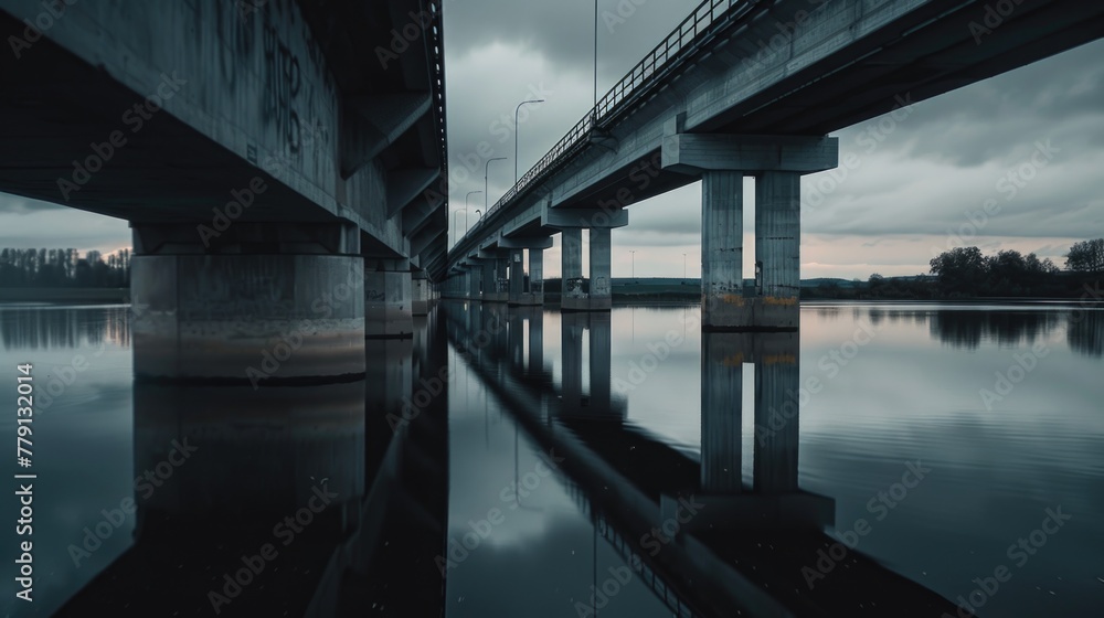 A picturesque scene of a bridge over calm water, perfect for travel brochures or nature websites A picturesque scene of a bridge over calm water, perfect for travel brochures or nature websites