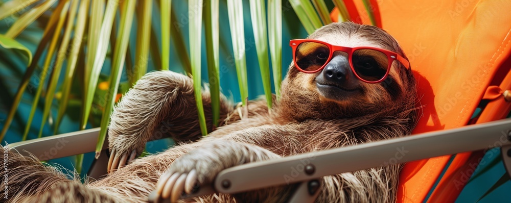 Fototapeta premium Sloth with sunglasses lying on the lounger enjoying summer beach