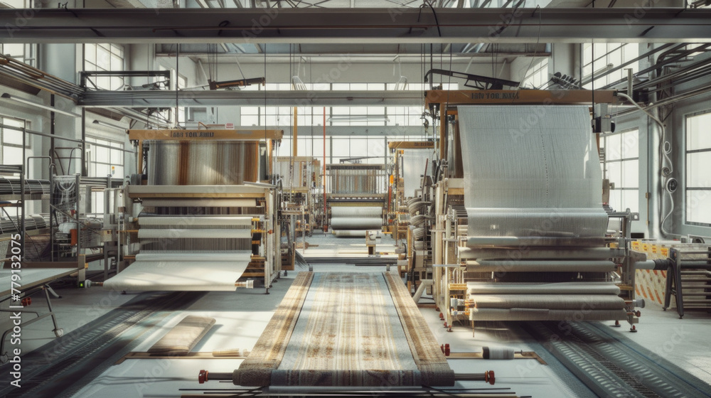 A modern textile weaving mill with weaving machines and yarns, momentarily still but ready to produce fabrics with intricate patterns and textures A modern textile weaving mill with weaving machines and yarns, momentarily still but ready to produce fabrics with intricate patterns and textures