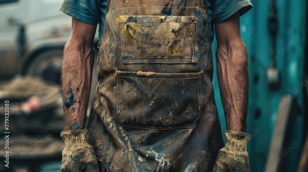 Obraz premium A man wearing a dirty apron and gloves. Suitable for industrial or messy work concepts