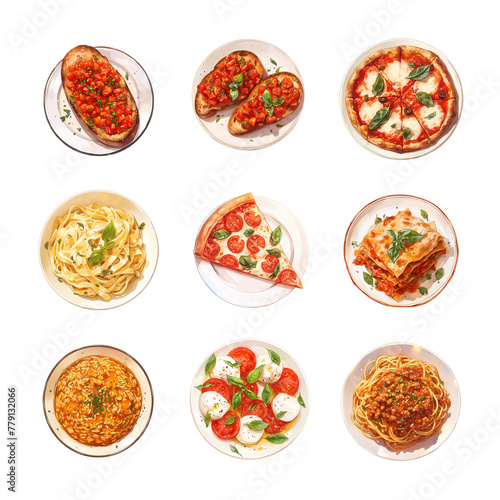 Watercolor set of Italian dishes on transparent background. Bruschetta, caprese salad, fettuccine alfredo, margherita pizza, lasagna, risotto, and spaghetti bolognese.