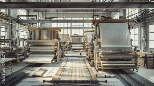 A modern textile weaving mill with weaving machines and yarns, momentarily still but ready to produce fabrics with intricate patterns and textures