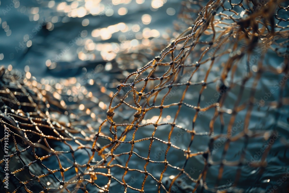 Close up of a fishing net with water background, ideal for fishing or aquatic themes - obrazy, fototapety, plakaty 