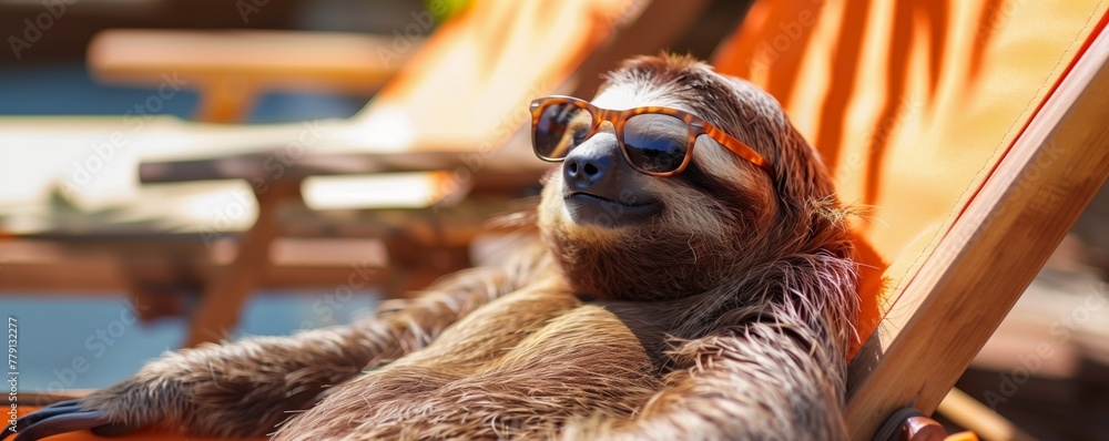 Fototapeta premium Sloth with sunglasses lying on the lounger enjoying summer beach