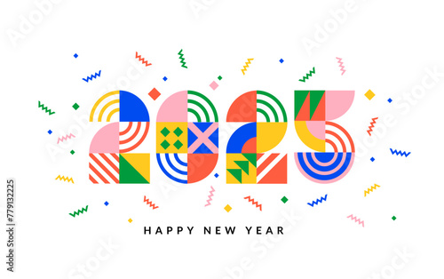 2025 New Year banner with numbers from simple geometric shapes and figures inside confetti. Template for greeting card, invitation, poster, flyer, web.Vector illustration isolated on white background.
