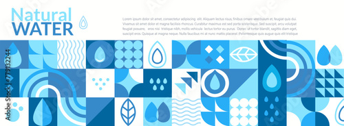 Natural water,geometric horizontal banner in flat style.Geometry minimalistic water drops,simple shapes of wave,leaf,drop.Great for flyer,web poster,templates,cover design, label.Vector illustration.