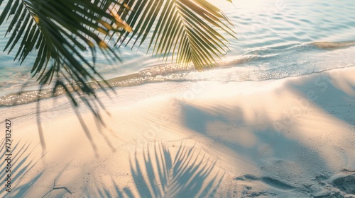 A shadow of a palm tree on the sandy beach. Perfect for travel and vacation concepts