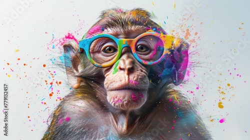 A monkey wearing colorful glasses. Perfect for animal lovers and summer-themed designs