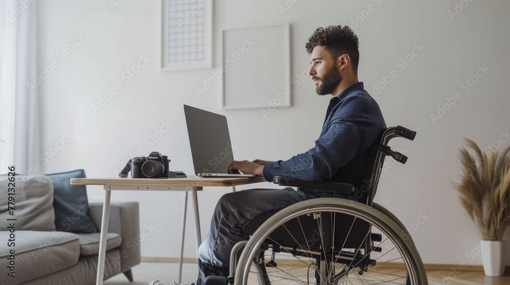 Man Working on Laptop in Wheelchair Man Working on Laptop in Wheelchair