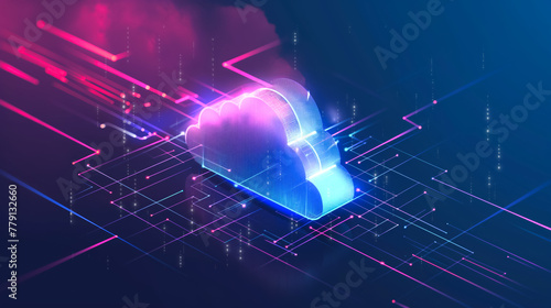 Computer chip with cloud connected to network of digital nodes, symbolizing integrated services. Blue and pink background of the future world