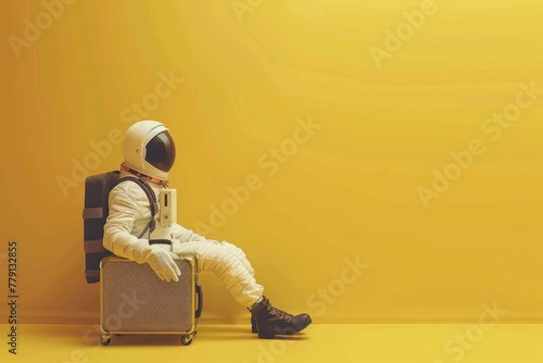 Astronaut in spacesuit sitting on suitcase, suitable for science fiction themes photo