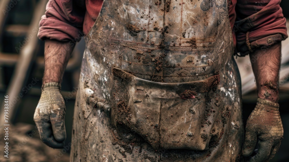 Close up of a person wearing a dirty apron, suitable for various professional and industrial concepts Close up of a person wearing a dirty apron, suitable for various professional and industrial concepts