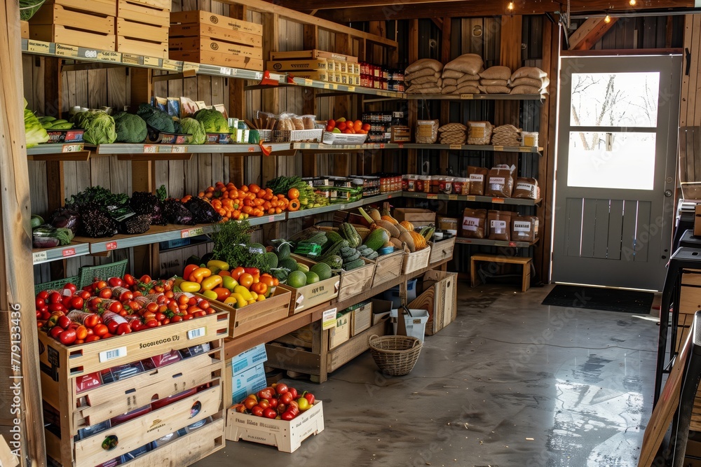 Shelves in rural store filled with homegrown goods