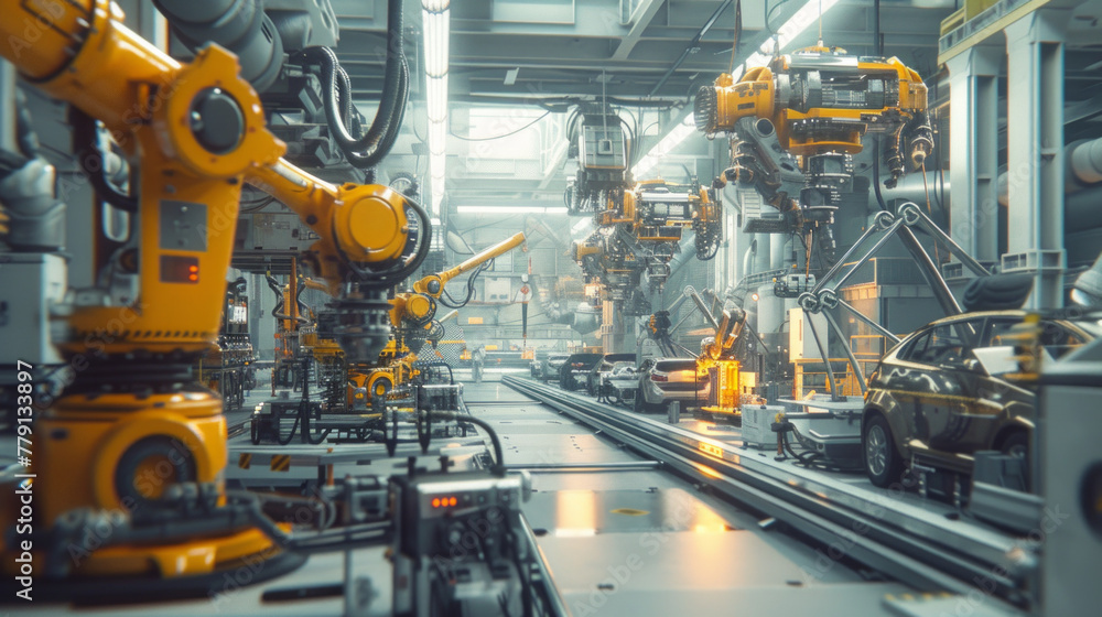 A busy automotive manufacturing plant with robotic arms and assembly lines, momentarily idle but poised to produce a vast array of vehicles