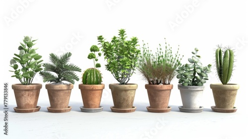 Row of potted plants on a white surface, suitable for home decor projects