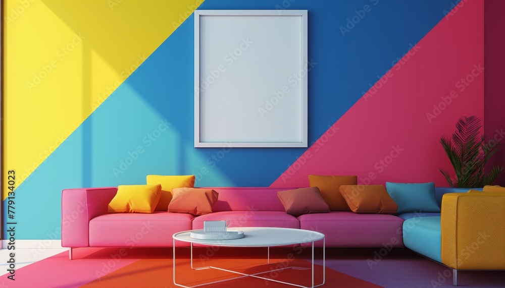 Interior design of random themed living room with random colored sofas and furniture and blank white frame mockup on the abstract colored wall Interior design of random themed living room with random colored sofas and furniture and blank white frame mockup on the abstract colored wall