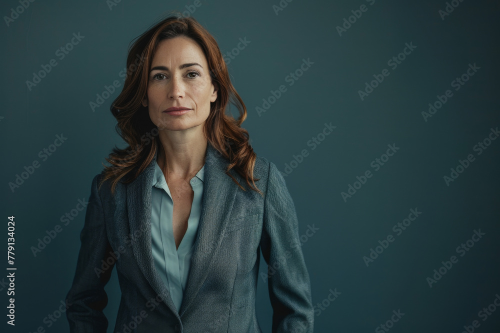 A woman in a suit stands in front of a blue wall A woman in a suit stands in front of a blue wall