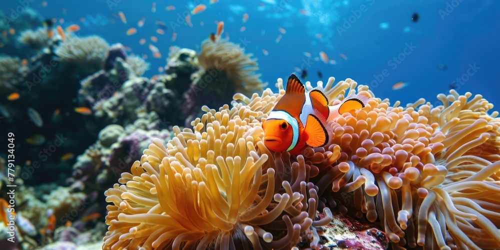A clown fish perched on top of a vibrant anemone. Great for marine life concepts - obrazy, fototapety, plakaty 