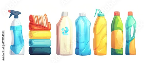 The picture shows a variety of cleaning supplies including liquid, bottle, water bottle, fluid, plastic bottle, glass bottle, and aqua