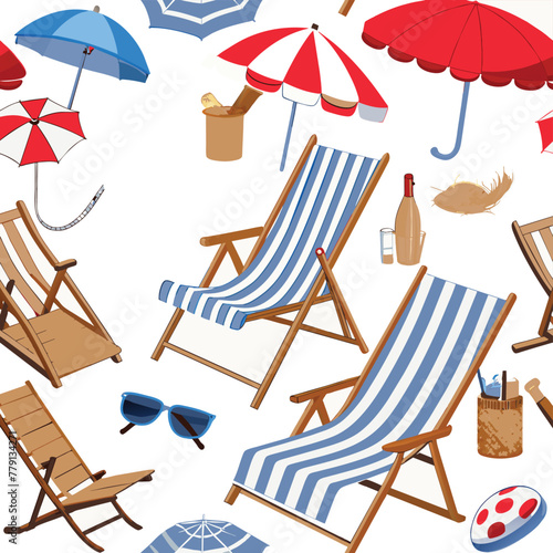 Different images of beach chairs, sun loungers, sun umbrellas, sand mats