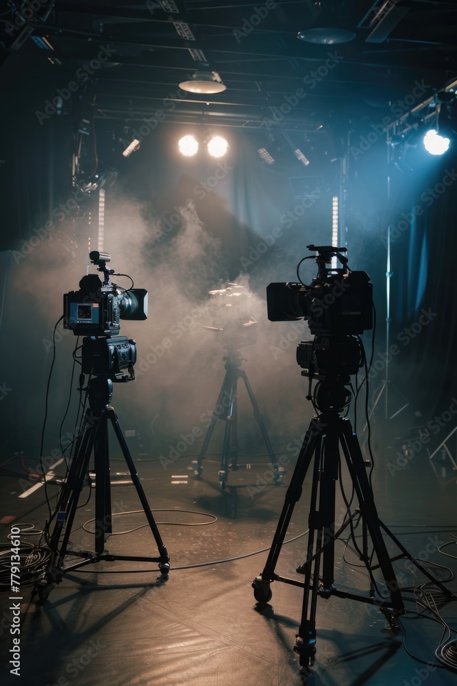 Two video cameras on a tripod in a dark room. Perfect for multimedia production