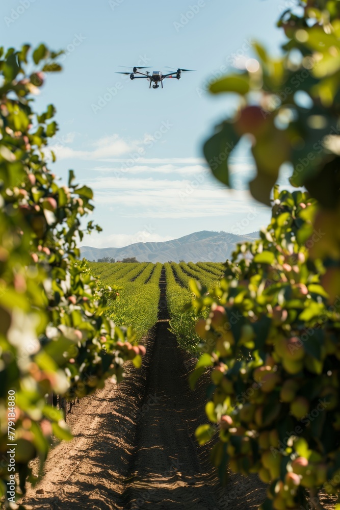 Fototapeta premium Modern technology in agriculture, drone-assisted crop monitoring, and precision harvesting methods