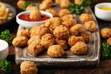 Crispy Popcorn Chicken with ketchup sauce on wooden board