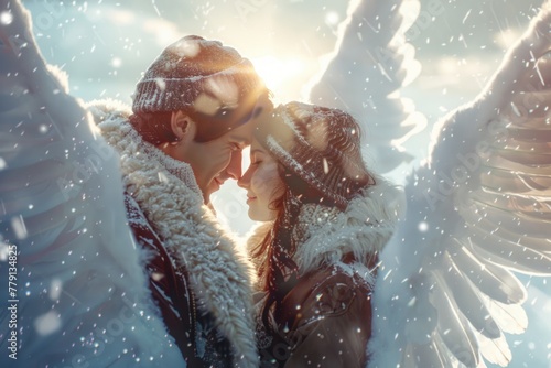Romantic couple sharing a kiss in snowy winter scene. Ideal for holiday and love-themed designs